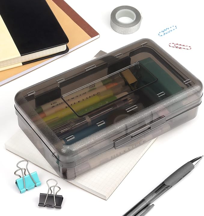 Tamaki 1 Pack Plastic Pencil Box Large Capacity, Black | Clear Boxes with Snap-tight Lid Stackable Design and Stylish Office Supplies Storage Organizer