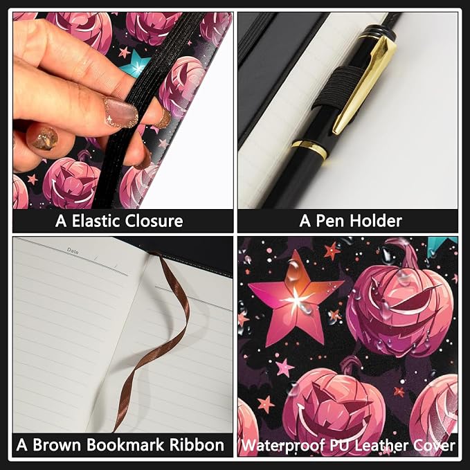 A5 Leather Lined Journal Notebook, 200 Pages Hardcover Executive Notebook for Men Women Office School Note Taking, Thick Writing Paper Daily Journal with Bookmarks/Indexes, Halloween Pink Pumpkin