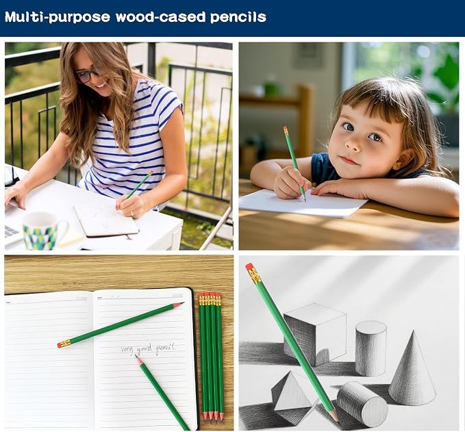 Adhere 25pcs Woodcase Pencils with Eraser Premium Pre-Sharpened Hexagon Graphite 2B pencils ideal for home, office writing including a Free Sharpener (Light green・25pcs)