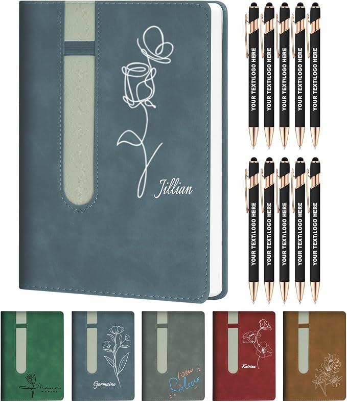 ENOMY A5 Personalized Notebook Set with 10 PC Pens Custom Journal with Pen Holder 200 Pages 80 GSM Custom Notebook for Writing Men Women, Deep Blue