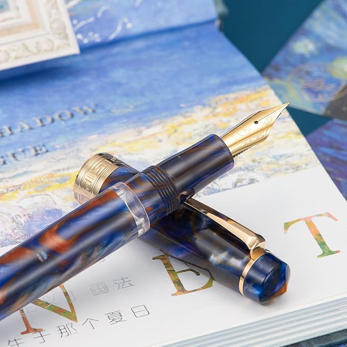 Asvine P20 Piston Fountain Pen Purple Resin, Iridium Medium Nib Gold Trim Business Signature, Smooth Writer Collection with Case Set