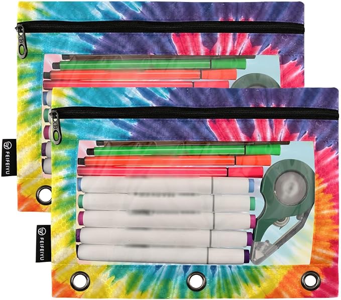 Tie Dye Rainbow Swirl Pencil Pouch for 3 Ring Binder 2 Pack Zipper Binder Pencil Bag with Clear Window Pencil Case for Office Supplies