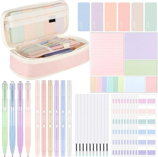 38 Pcs Aesthetic Office Supplies with Pen Case Sticky Notes Gel Pens Highlighters Correction Tapes Stationery Kit for Office Work Coworkers(Macaron Color,Elegant)