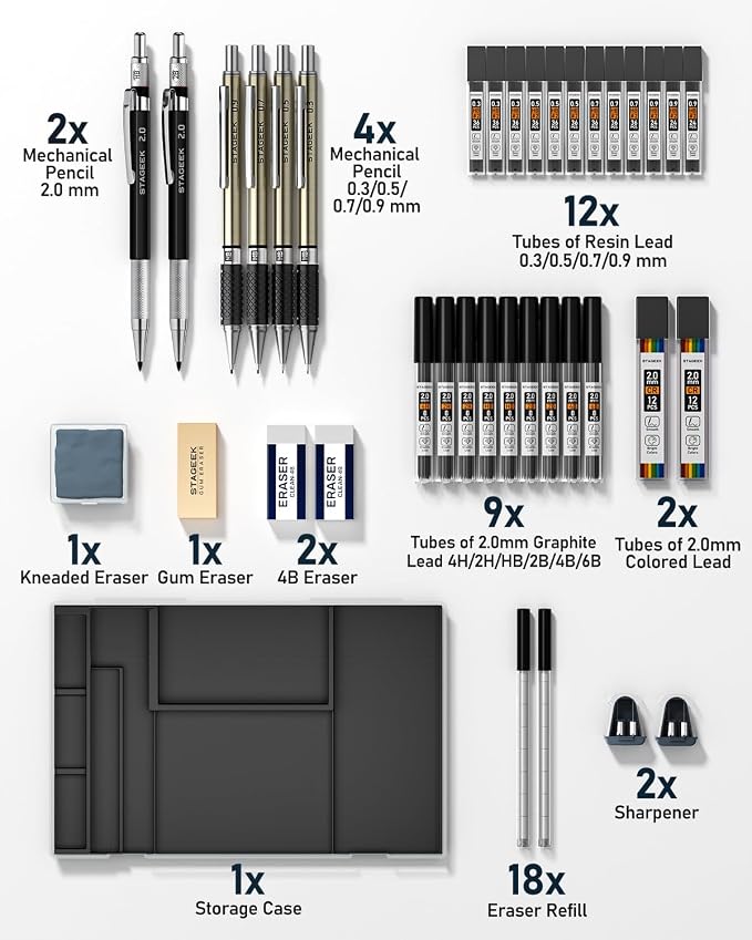 STAGEEK Mechanical Pencil Set with Case 37 Count, Drawing Pencils 0.3, 0.5, 0.7, 0.9MM & 2PCS 2MM Sketching Pencils with 492PCS Lead Refills (6B 4B 2B HB 2H 4H Color) for Artist Drafting Drawing