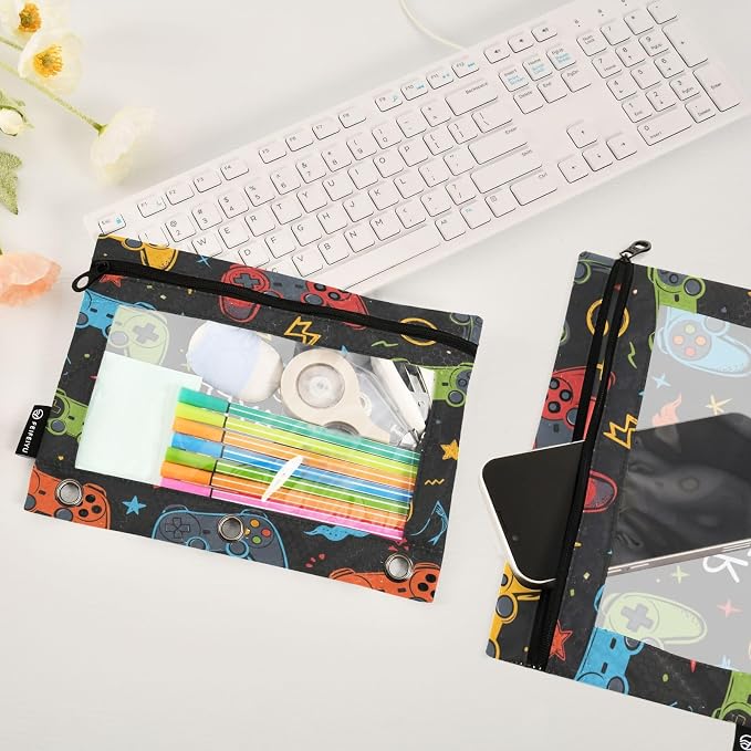 Gredecor Binder Pencil Pouch 3 Ring Video Game Lightning Zipper Pencil Pouches Case 2 Pack Clear Binder Organizer for School Office