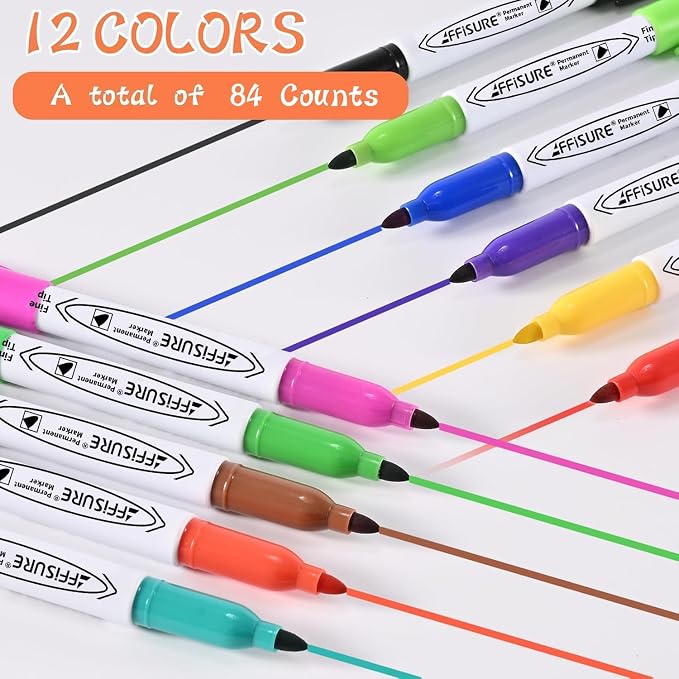 12 Colors Permanent Markers， 84 Pack colored marker sets, Assorted Colors Marker，Fine Point， Permanent Markers Bulk, Fast Dry, Waterproof, work on Plastic, Glass, Metal, Wood and Stone