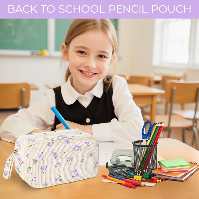 WOBAGMEN Cute Pencil Case,Large Corduroy Zippered Pencil Case Pouch, aesthetic Pencil Bag with Compartments, Pencil Pouch School Supplies (HY-corduroy pc-purple floral)