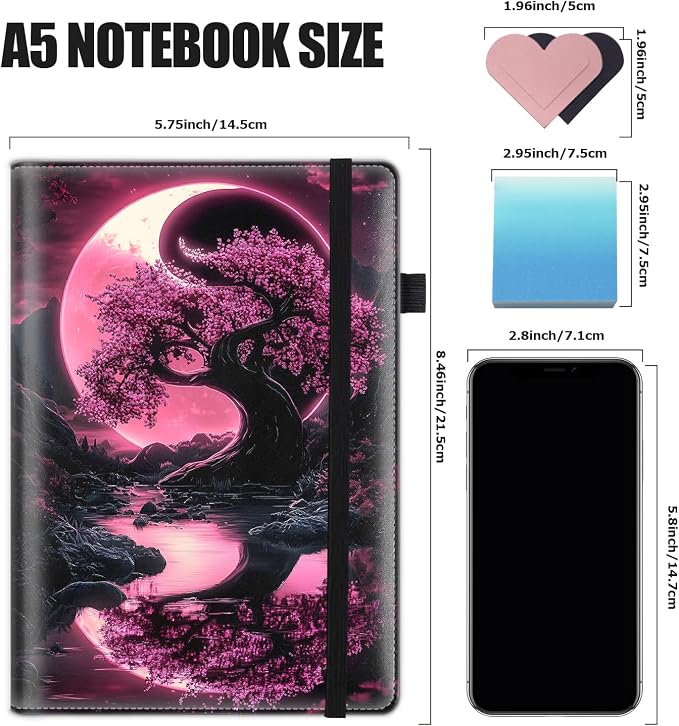 Hardcover Executive Notebooks, A5 PU Leather Lined Journal Notebook, 200 Pages Thick Paper Subject Notebooks for School,Work,Home Writing Business Notebook, Diary Book ，Yin and Yang Red Tree