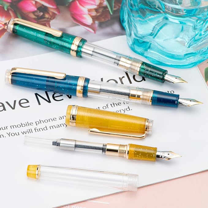 Jinhao 82 Acrylic Fountain Pen, Iridium Bent Nib with Ink Converter, Vintage Sea Blue & Transparent Color Classic Design Smooth Writing Pen (Gold Trim)
