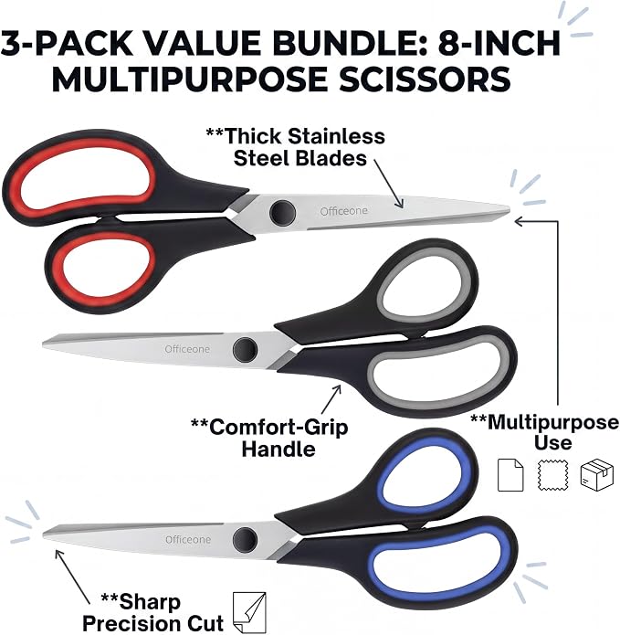 OfficeOne 3-Pack Heavy Duty Scissors 8" – Ultra Sharp Multipurpose Scissors with Comfort Grip Handles for Office, School, Home, Crafts & Sewing (3)