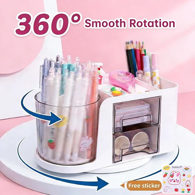 Desk Organizer with 2 Drawer, 360°Rotating Pencil Holder for Desk, Office organization, Desk accessories for women with 5 Compartments for School, Home, Office Supplies, Includes Cute Sticker (Yellow)