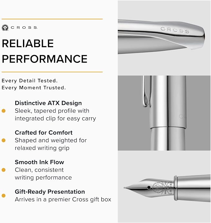 Cross ATX Pure Chrome Stainless Steel Fine Nib Fountain Pen - Refillable Pen for Smooth Writing - Black Ink - Comfortable Grip - Long-Lasting - Professional Office Supplies