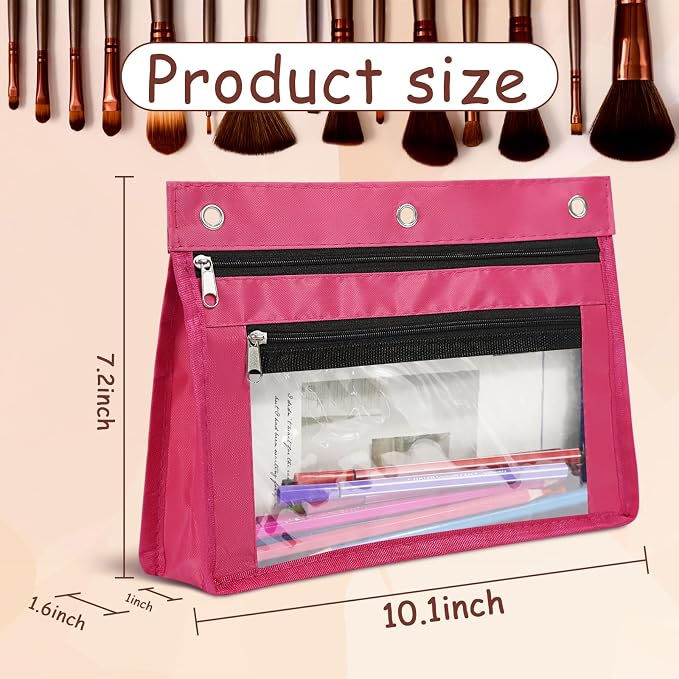 YoeeJob 1 Pack Pencil Pouch for 3 Ring Binder, Expandable Binder Pouches with Zipper, Large Capacity Pen Holder Case with Clear Window School Class Office Organizers, Rosy