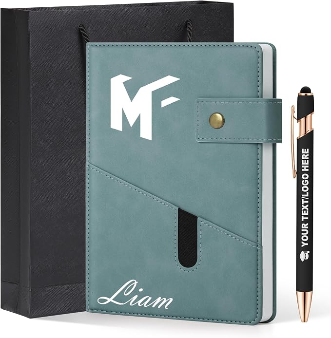 ENOMY A5 Personalized Notebook Journal with Pen & Gift Set Custom Hardcover Notebook 200 Pages Thick Daily Diary for Men Women Lined Journal for Work College Travel Writing, Light Blue