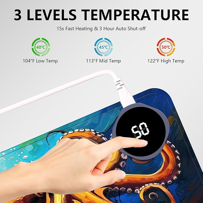Heated Mouse Pad with 3 Levels Heated & 3 Hours Auto Shut-Off Mouse Pad for Warming Hands in Office Home, 31.5" x 13"Large Safe Desk Mat Hand Warmer，Blue Octopus