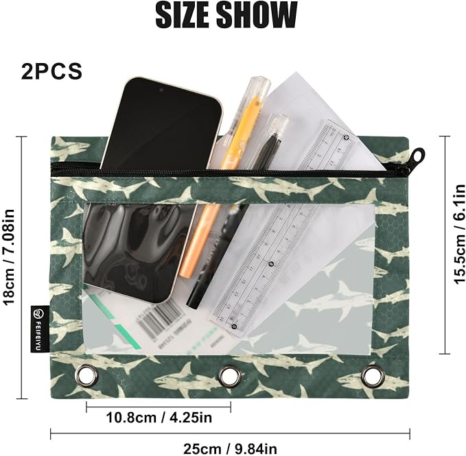 Binder Pencil Pouches, Sharks White Silhouette Pattern Pencil Case with Clear Window 3 Rings Pen Case Holder School Office Supplies Cosmetic Makeup Bag