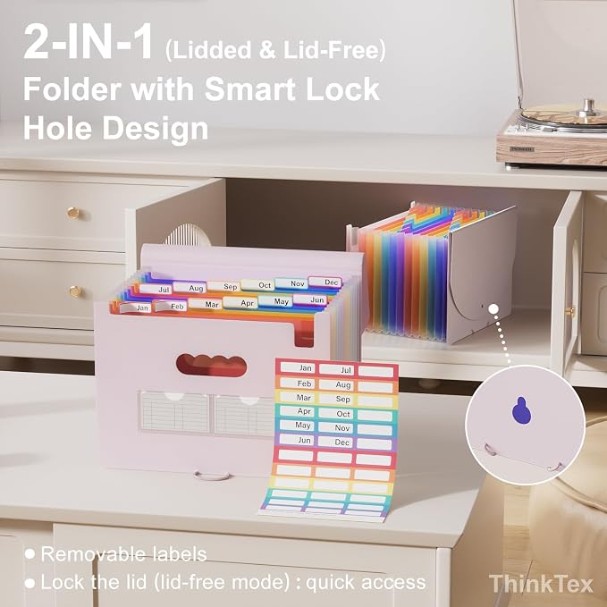 ThinkTex Accordion File Organizer, 12 - Pocket Expanding File Folders | for Receipts, Bills & Taxes Organizer, Letter/A4 Size Document Holder for School, Office, Home with tabs-Pinkish Purple