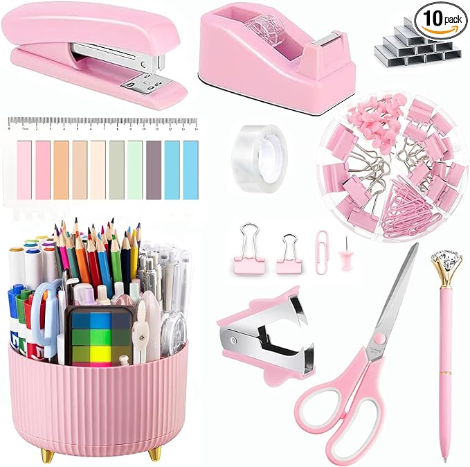 Office Supplies,Pink Desk Accessories,Office Supplies Set,Desk Organizer,Stapler,Tape Dispenser,Scissors,Staple Remover,Binder Clips,Staples,Ballpoint Pen,Index Tabs with Ruler,Clear Tape.10pcs