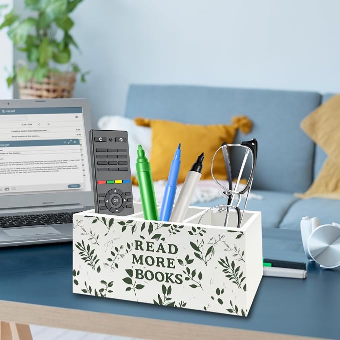 Reading Room Decor Pen Pencil Holder Organizer for Desk, Read More Books Botanical Wooden Box Signs Decorations for Reading Nook Corner Room Library Desk Tabletop, Book Lover Reader Gifts