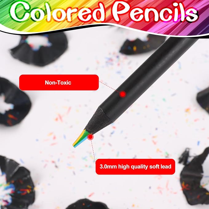 Art Supplies for Kids, 7 Color Black Wooden Rainbow Colored Pencils, Pre-sharpened, Multicolored Core, with Sharpener, for Coloring Books, Drawing, Sketching, 24pcs