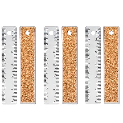 3 Pcs 6 Inch Metal Ruler Stainless Steel Metal Ruler with Cork Backing, Non-Slip Rulers with Inch and Centimeters, Straight Edge Cork Base Rulers for Student School Office Drafting Tools