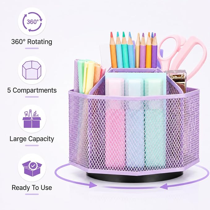 Exerz Desk Organizer 360 Rotating Pen Holder Storage Caddy Light Purple | Smooth Spinning Base With Open Mesh Sections Easy Access To Pens Brushes Scissors Daily Desk Tools