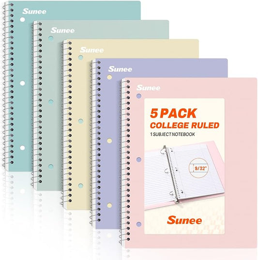 SUNEE Spiral Notebooks, 1-Subject, 5 Pack, College Ruled Paper, 8" x 10-1/2", 70 Sheets per Notebook,3-Hole Punched Paper, Pink,Purple, Blue, Green, Yellow Spiral Lined Notebooks for School,Work