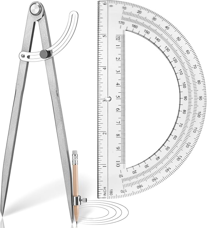 Zonon Professional 12 Inch Large Compass with Wing for Woodworking and 6 Inch Protractor Set, Pencil Compass for Geometry Math Carpenter, Drafting, Drawing Tool