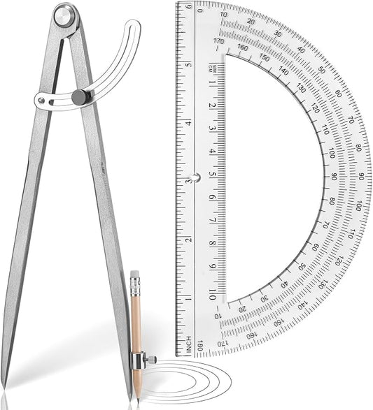 Zonon Professional 12 Inch Large Compass with Wing for Woodworking and 6 Inch Protractor Set, Pencil Compass for Geometry Math Carpenter, Drafting, Drawing Tool