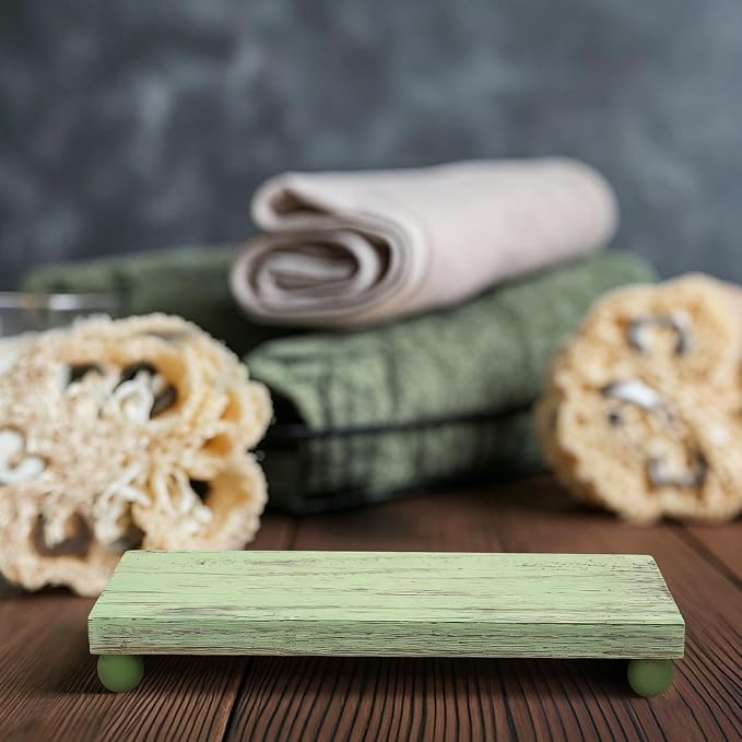 Amyhill Wood Pedestal Stand Kitchen Soap Tray Farmhouse Wooden Riser Stand for Kitchen Bathroom Counter Table Decor Plant Vases Display(Classic,Green,12 x 7 Inch)