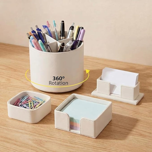 4 Pcs Rotating Leather Pen Holder for Desk Organizer Office Supplies Business Card Sticky Note Holder Paperclip Storage Desk Accessories Set for Teacher Back to School Gift(Beige)