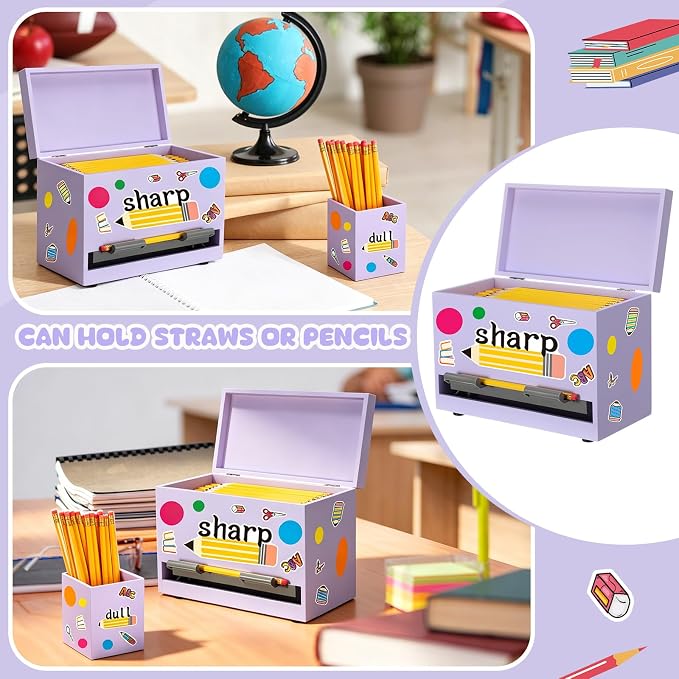 Mifoci Wooden Pencil Dispenser Kit for Classroom Wooden Pen Holder Straw Dispenser Sharp and Dull Letter Stickers for Teachers Classroom Supplies Storage(Light Purple)