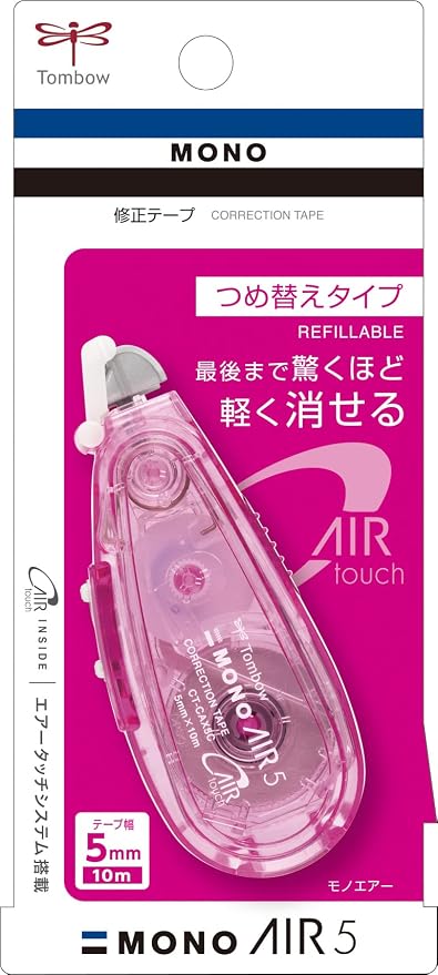 Tombow Mono Air CT-CAX5C80-5P Correction Tape, Refill Type, 0.2 inch (5 mm) Width, Pink, Set of 5