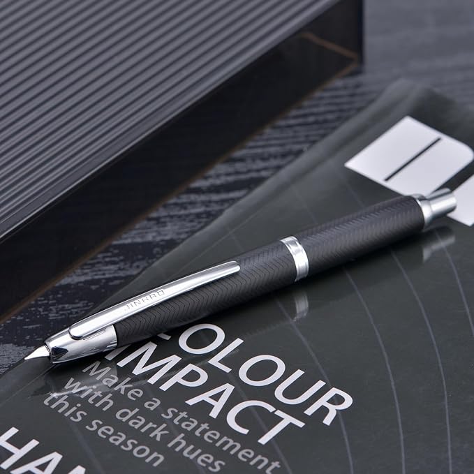 Jinhao 10 Press Fountain Pen with Box, Wavy Matt Black Chromium Retractable Fine Nib with Converter Set (Silver Clip)