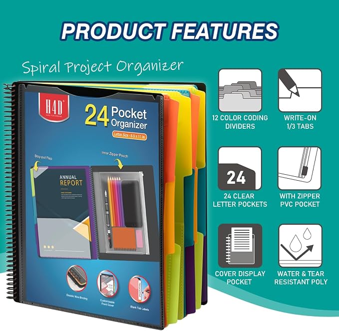 H4D 24 Pocket Poly Project Organizer, Multi Pocket Folder, Primary Colors | Spiral, Multi-Subject, Folder Notebook, Letter Size