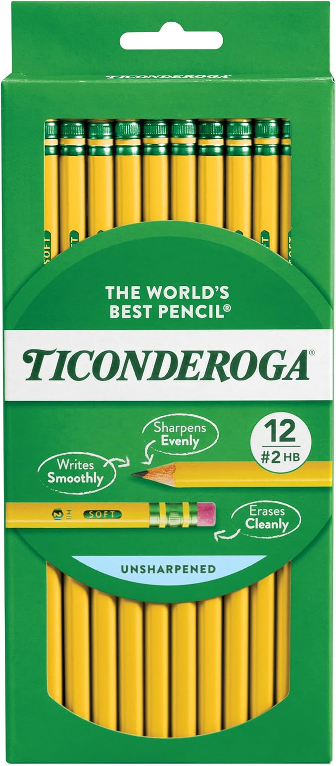 Ticonderoga Wood-Cased Pencils, Unsharpened, 2 HB Soft, Yellow, 12 Count