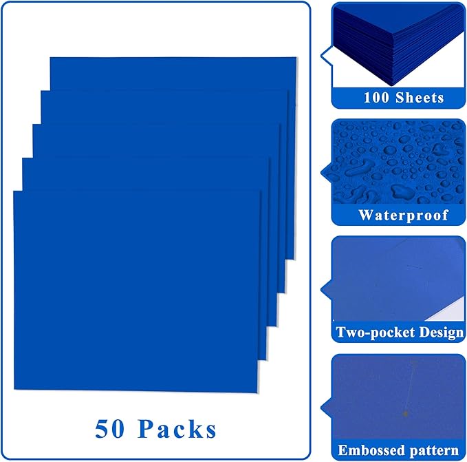 Zzrywuty File folders with Pockets,Blue Two folders for documents,50 Pack Paper Folders with Card Slot,Letter Size,School Students,Business,Home and Office Workers