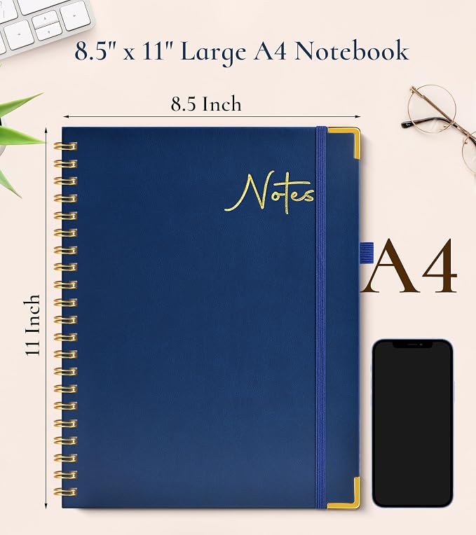 Blank Spiral Notebook Journal 8.5” x 11”, A4 Large Hardcover Sketch Book for Women Men, 100 GSM Blank Paper Drawing Notebook, Spiral Bound Sketchbook for Sketching School Work Note Taking, Navy