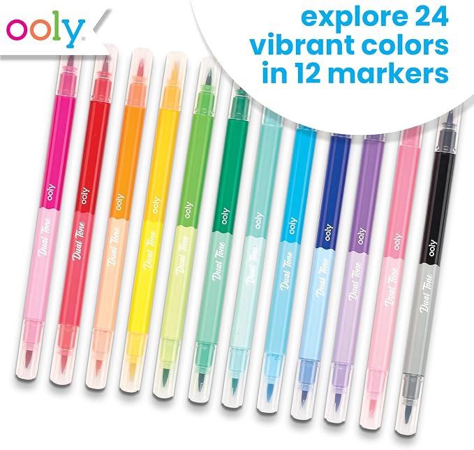 Ooly Dual Tone Calligraphy Markers, Set of 12, 24 Colors | Brush Tip Pens for Writing and Hand Lettering, 24 Colors, Acid-Free Ink, Great for Kids and Adults, Ages 8+