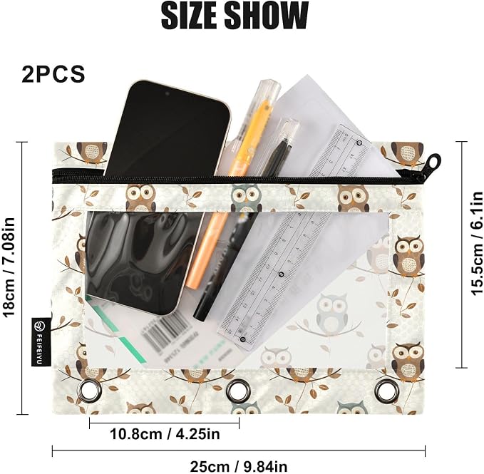 Owl Forest Little Animal Pencil Pouch for 3 Ring Binder 2 Pack Zipper Binder Pencil Bag Case with Clear Window Office Supplies