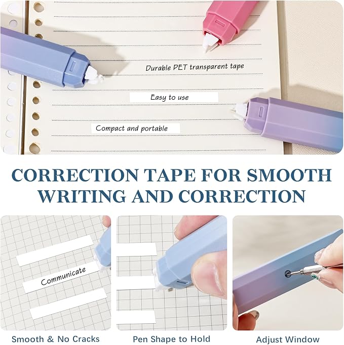 Temiary 5 Pcs White Correction Tapes, Aesthetic White Smooth Pull Out Tape Pens for Instant Corrections, Easy to Use Tear-Resistant Pen Shaped Applicator for Office School Supplies (Gradient Purple)
