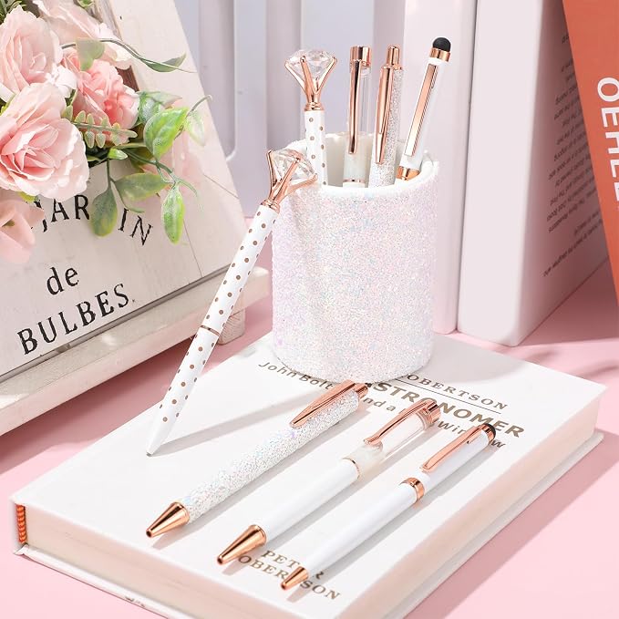 Sabary 8 Pcs White Pens with Pen Holder for Desk Glitter Crystal Diamond Cute Ballpoint Fancy Pencil Holder Bling Desk Organizer for Women Girls School Office Supplies Wedding Graduation Gifts