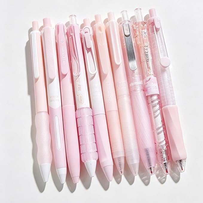 10Pcs Cute Pink Retractable Gel Pens 0.5mm Black Ink Pen for Women Girls