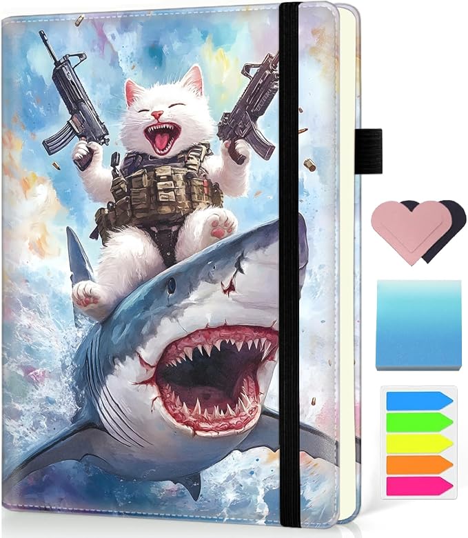 Hardcover Executive Notebooks, A5 PU Leather Lined Journal Notebook, 200 Pages Thick Paper Subject Notebooks for School,Work,Home Writing Business Notebook, Diary Book ，Cat with Guns Riding Shark