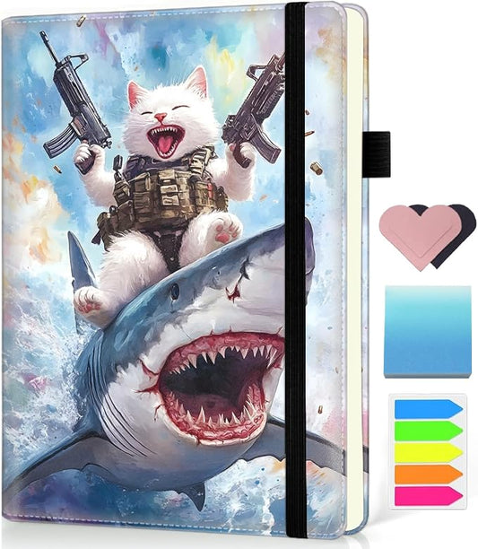 Hardcover Executive Notebooks, A5 PU Leather Lined Journal Notebook, 200 Pages Thick Paper Subject Notebooks for School,Work,Home Writing Business Notebook, Diary Book ，Cat with Guns Riding Shark