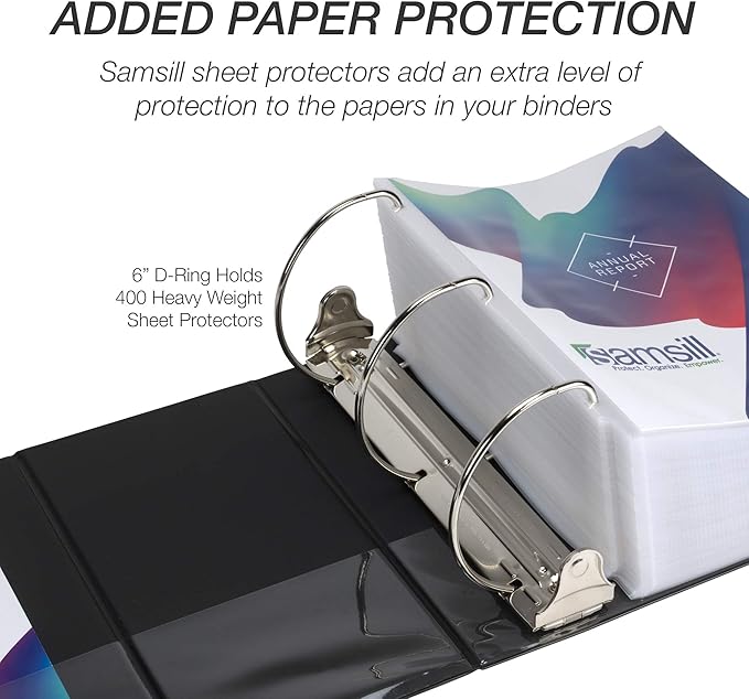 Samsill Durable 6 inch 3 Ring Binder, Locking D Ring Binder, Customizable Clear View Cover, Black, 2-Pack, Holds 1225 Pages
