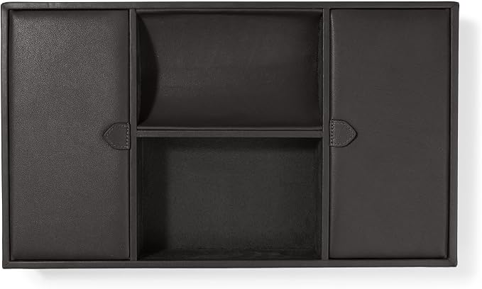 Leatherology Black Onyx Deluxe Valet Tray – Jewelry & Watch Organizer with Covered and Open Compartments, Microsuede Lining – Elegant Catchall for Bedroom, Closet or Bathroom