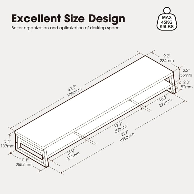 Fenge Dual Monitor Riser for Desk, Open Shelf with 3 Storage Compartments | 42.5in Computer Monitor Stand, 2-Tier Desk Shelf for Top of Desk,One-Piece Panel, fit Ultrawide Monitor, PC, Laptop, White