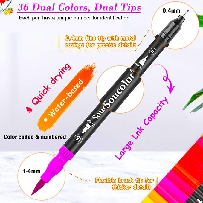 Soucolor 36 Dual Tip Brush Markers, Water-Based Art Pens, Adult Coloring | 36 Color Dual Tip Markers with Brush & Fine Point for Adult Coloring Books, Hand Lettering, Journaling & Art Projects