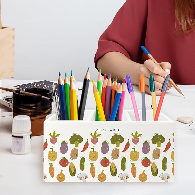 Boho Classroom Pen Pencil Holder Organizer for Desk, Vegetables Educational Wooden Box Signs Decorations for Kids Boys Girls Room Bedroom Classroom Bedroom Desk Tabletop, Kids Room Decor
